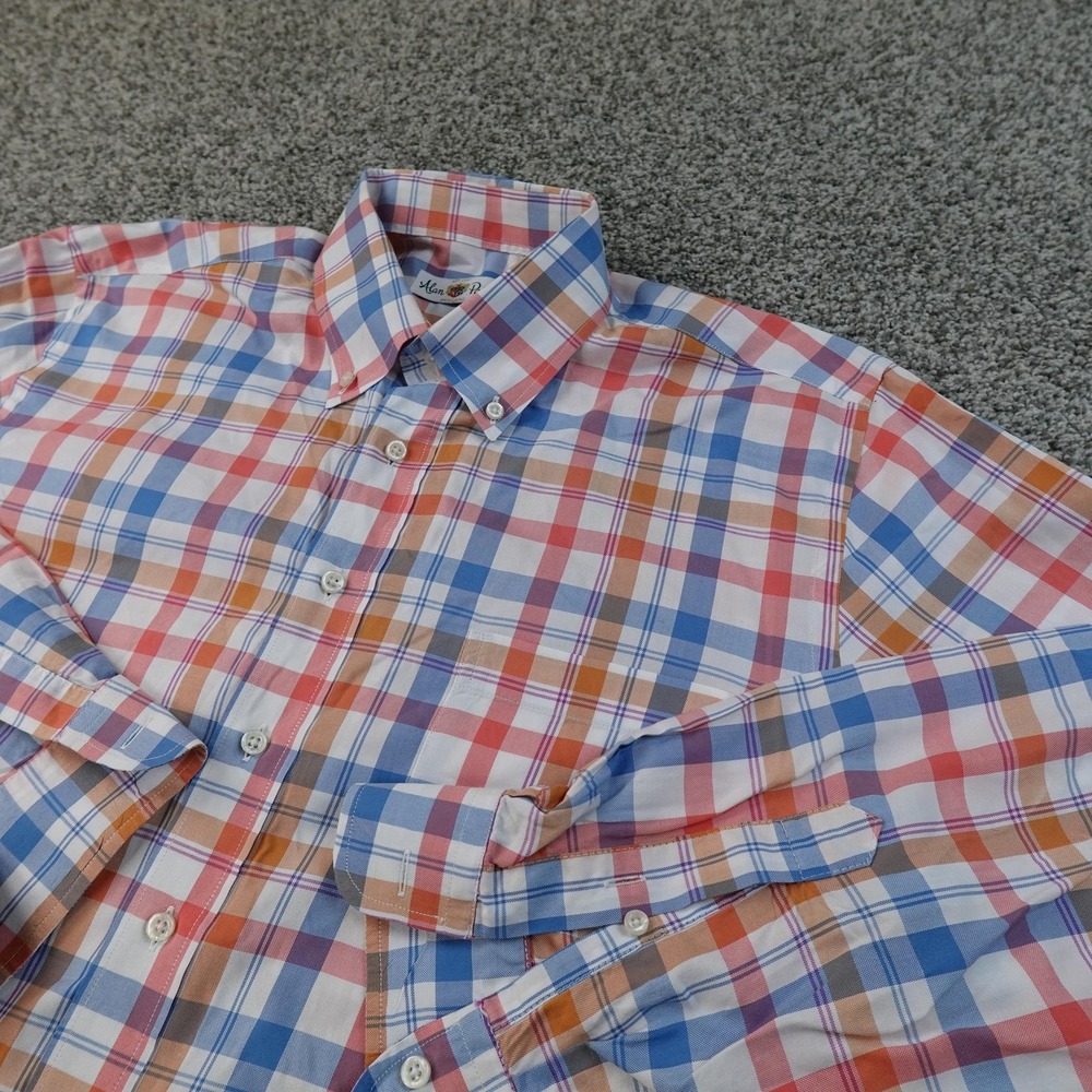 Alan Paine Shirt Mens M Orange Blue Plaid Button Up Long Sleeve Golf Preppy Top